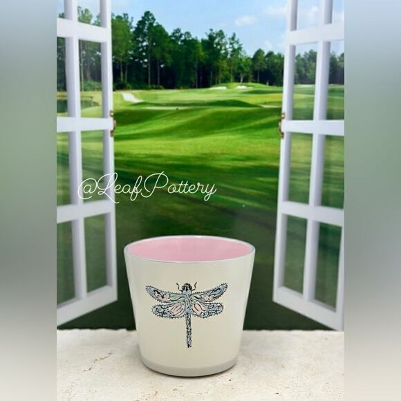 Happy Dragonfly Beige/Pink/Blue Ceramic Planter Pot - Picture 2 of 10